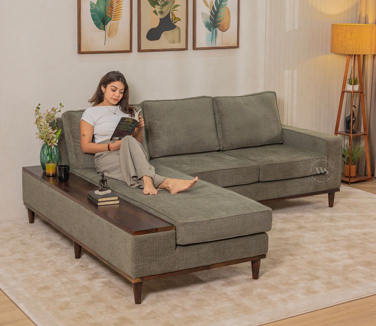 Ashion Premium Left Aligned L Shape Sofa with Built-in Side Wooden Deck (Sage Green)