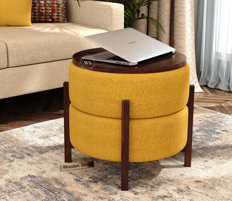 Samantha Reversible Stool Cum End Table in Boucle Yellow for Living Room