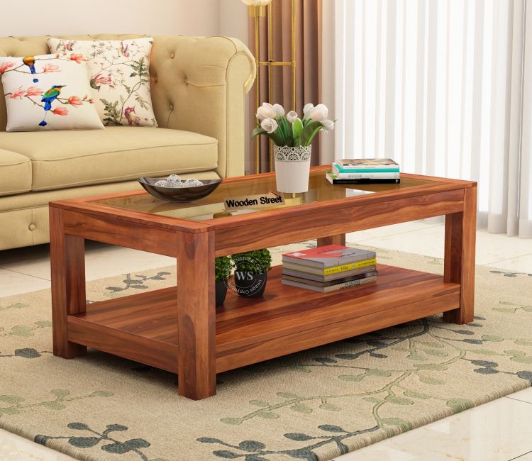 Arno Glass Top Coffee Table for living room in honey finish