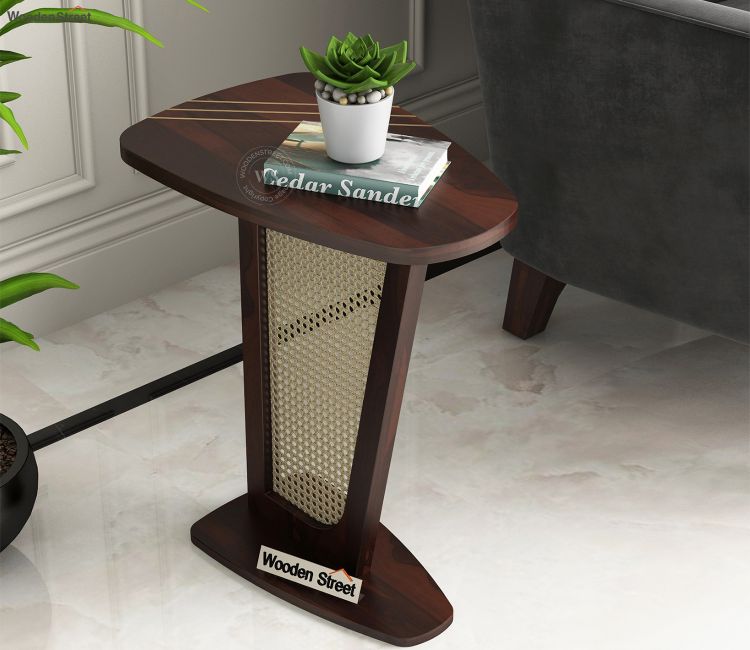 Nitya Sheesham Wood Brass Inlay Side and End Table with Cane in Walnut Finish for Living Room