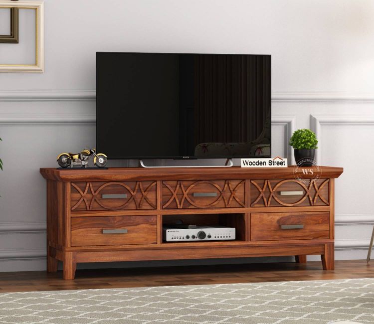 Allan Sheesham Wood Tv Unit with Five Pull Out Drawers - Honey Finish