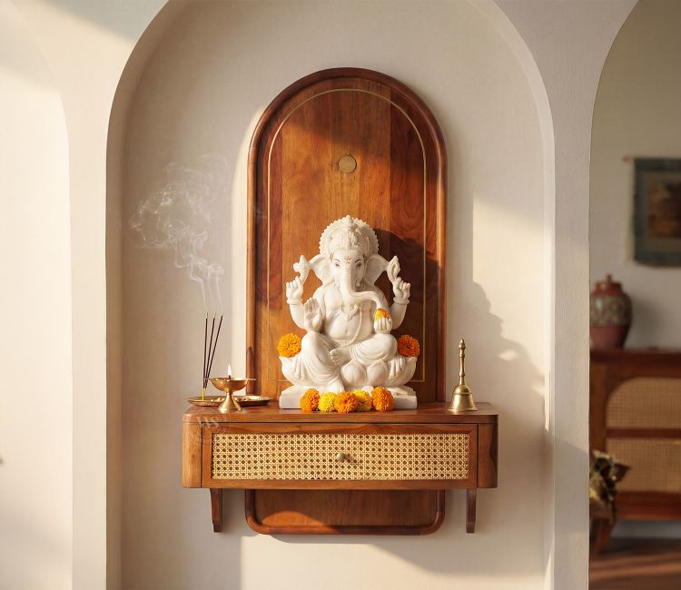 Shoonya traditional wooden mandir with cane accent and teak finish