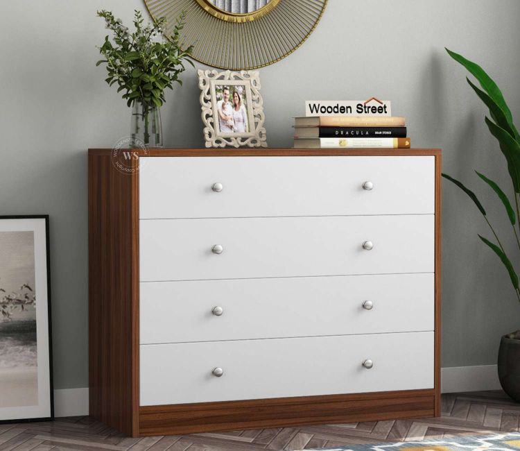 Gavin 4-Drawer Wooden Chest Of Drawer with Frosty White Drawer In Exotic Teak Finish