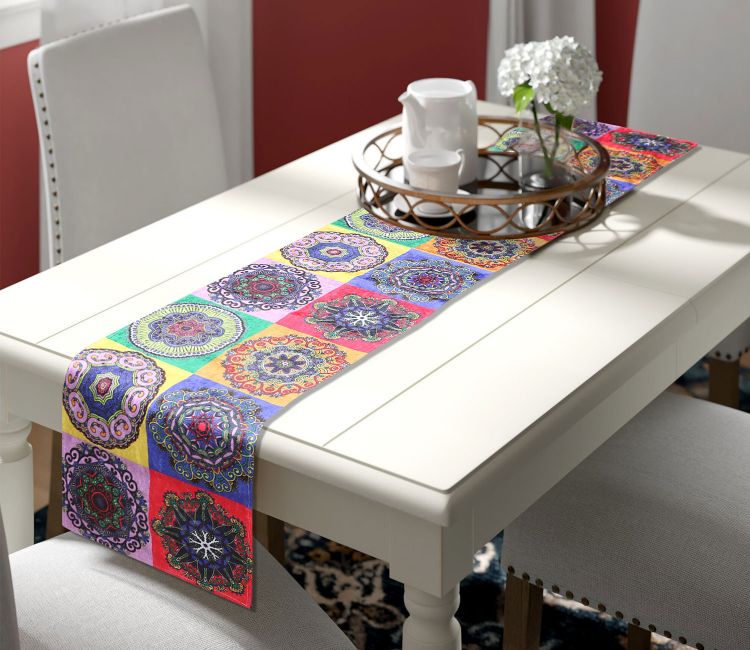 Multicolor Rangoli Velvet Printed Table Runner (72 x 14 inches)