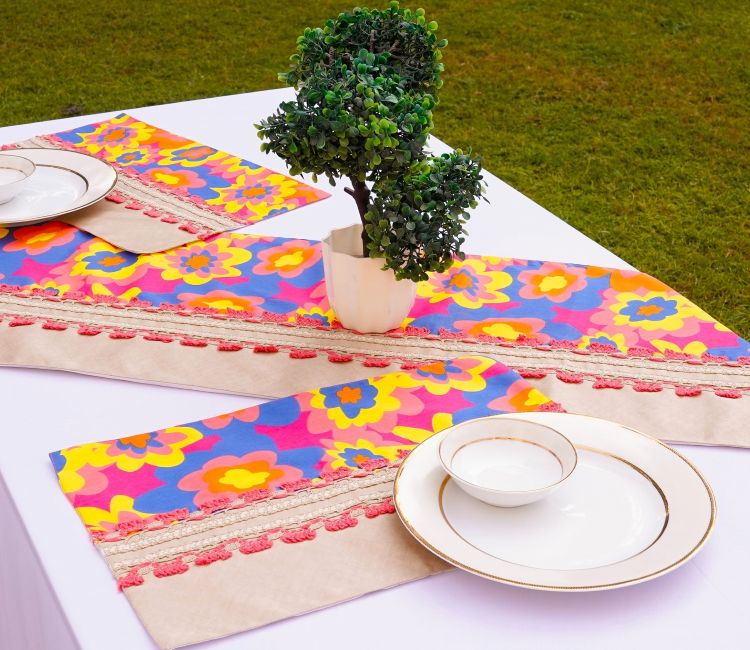 Handmade Madur Kathi Natural Fibre Grey Yellow Placemats and Table Runner - Set of 7