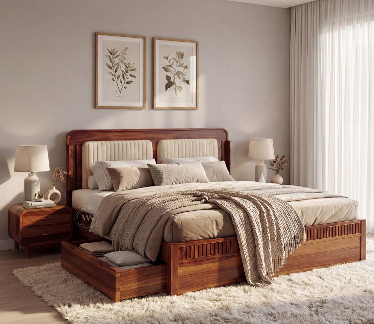 Lotus Premium Sheesham Wood Bed with Drawer Storage (King Size, Teak Finish)