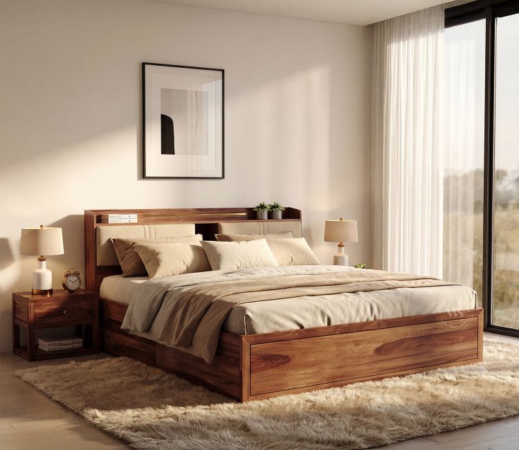 Wildon Premium Sheesham Wood Bed with Cushioned Headboard and Drawer Storage (King Size, Teak Finish)