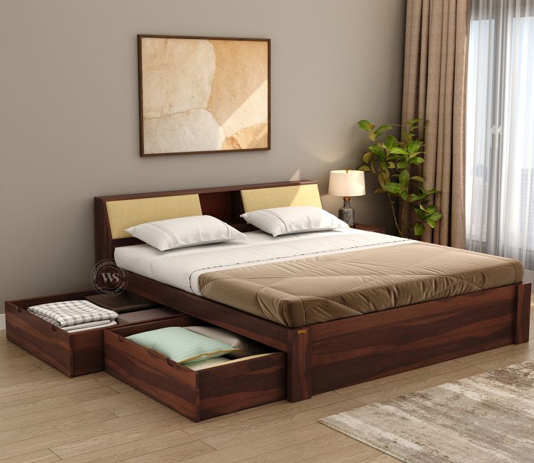 Walken Sheesham Wood King Size Double Bed with Full Drawer Storage at best price