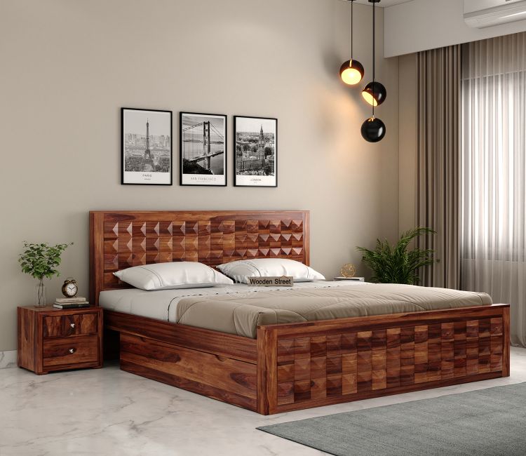Wooden Bed Design - Morse King Size Bed with Drawer Storage | Buy Double Bed Online in India