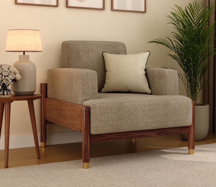 Kairav Modern 1 Seater Wooden Sofa with Premium Upholstery (Pebble Beige)