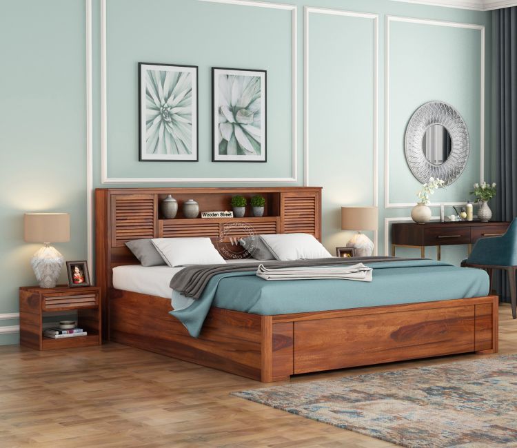 buy King size bed price low in India, wooden bed with storage hydraulic, double bed with storage