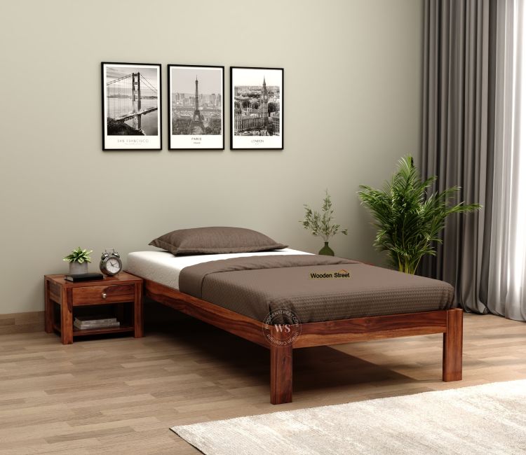 Hout Wooden Single Bed Design Without Storage In Honey Finish