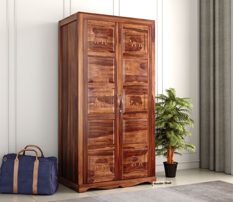 Emboss 2 Door Sheesham Wood Wardrobe Online | Buy Latest Wooden Wardrobe Design at Best Prices in india
