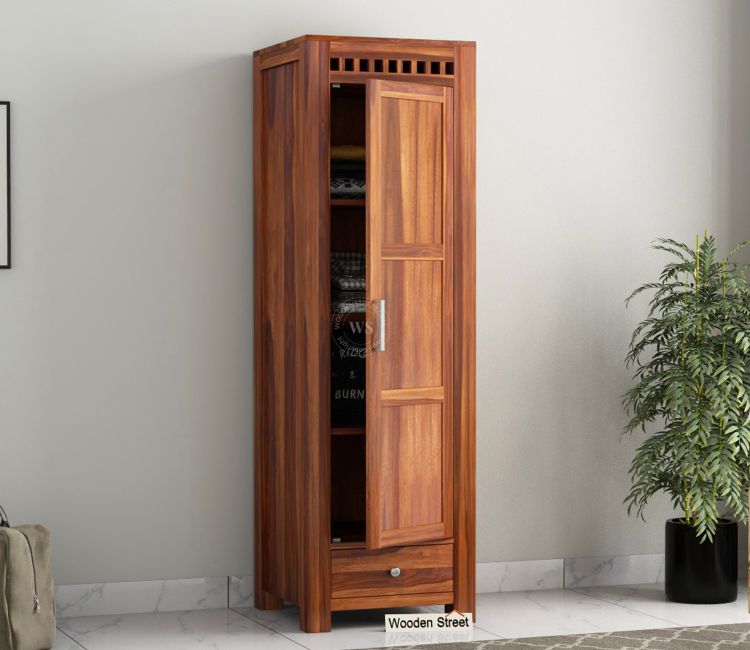 Sheesham Wood Wardrobe - Adolph Multi Utility 1 Door Wardrobe in Honey Finish