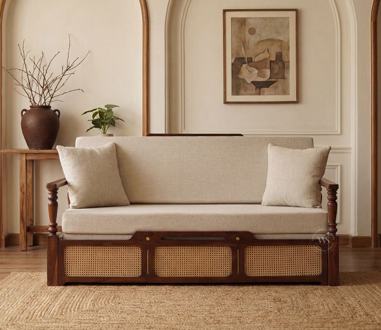 Ayaana Sheesham Wood 3 Seater Sofa Cum Bed with Cane Weaving &amp; Premium Upholstery (Teak Finish, Jade Ivory)