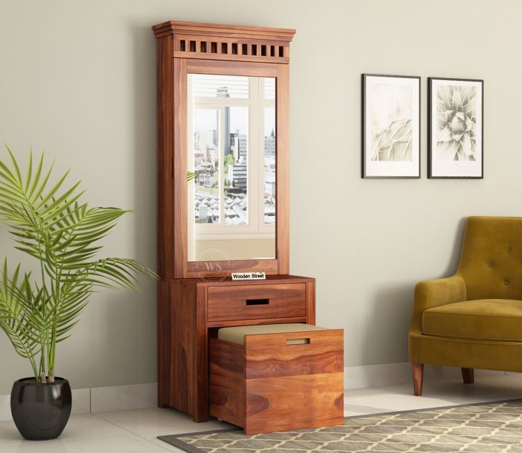 Adolph Dressing Table With Storage Stool  in Honey Finish Online| Woodenstreet
