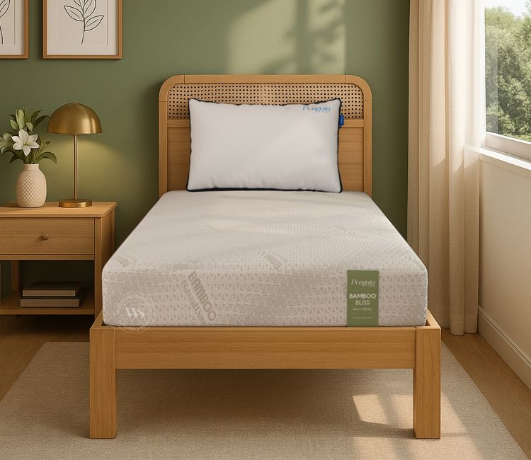 Wooden Street Penguin - Bamboo Bliss Latex Mattress | 10 Years Warranty | Soft Feel | Latex Pinhole Layer | 7 Zone CNC-Cut Charcoal Infused HR Foam (8 inch, Single Size, 78 x 36)