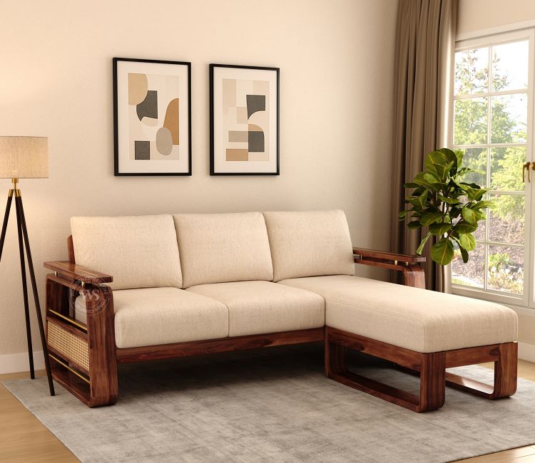Vedic Sheesham Wood L Shape Sofa With Cane and Brass Detailing (Honey  Finish, Jade Ivory)