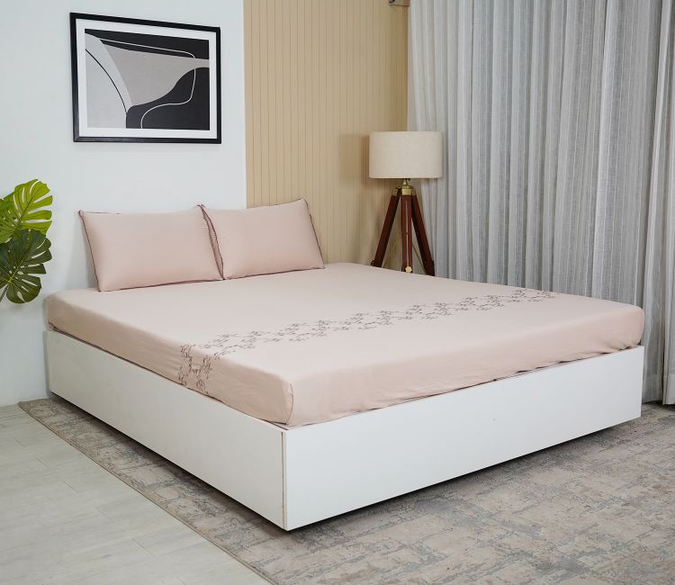 Premium Pink embroidered double bed sheet with pillow covers | Get the best deals on cotton bedsheets online.
