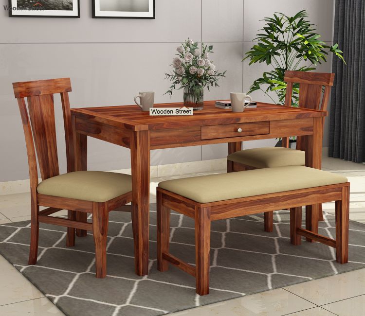 Mcbeth Compact 4 Seater Dining Set with Bench (Honey Finish)