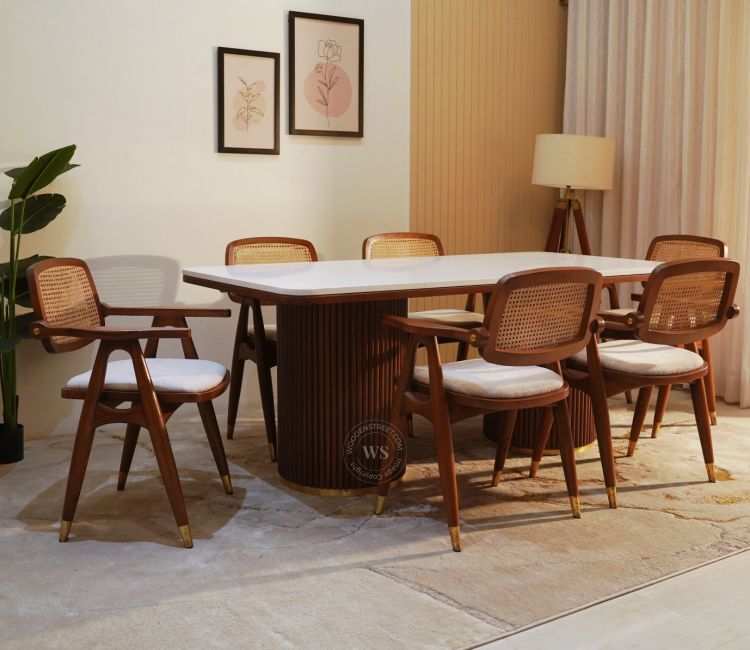 Buy Antara 6 Seater Dining Table Set with Marble Top In Teak Finish