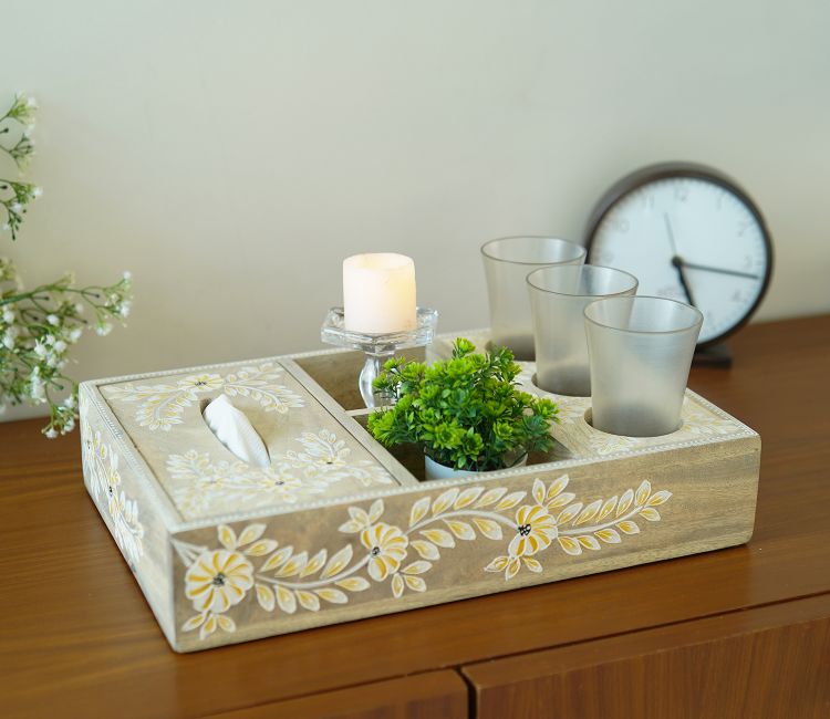 Beige Adiva Floral Hand Painted Multistorage Wooden Tray