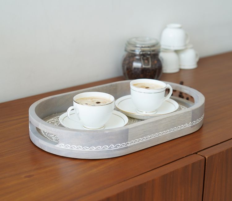 Grey Ira Traditional Designer Hand Painted Wooden Serving Tray