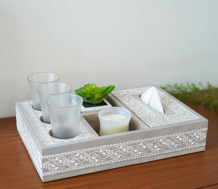 Grey Ira Traditional Designer Hand Painted MultiStorage Wooden Serving Tray