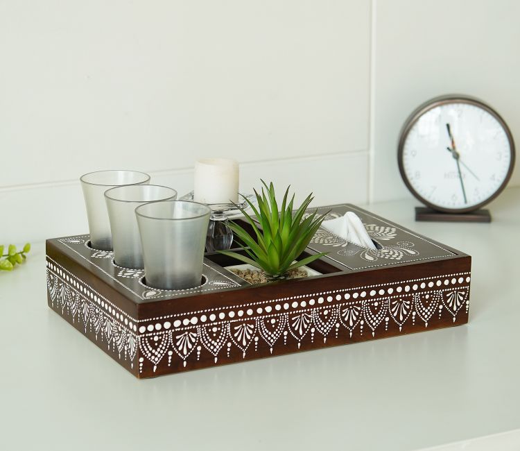 Brown Medhini Hand Painted Solid Wood Multistorage Tray