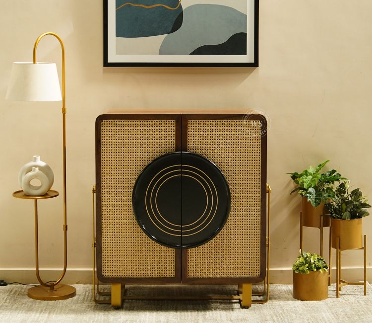 Arista Sheesham Wood Bar Cabinet with Cane and Brass Coated Iron Stand Honey Finish from Wooden Street in India