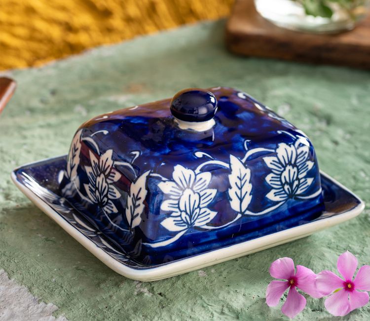 Bue and White Ceramic Hand Painted Butter Serving Dish