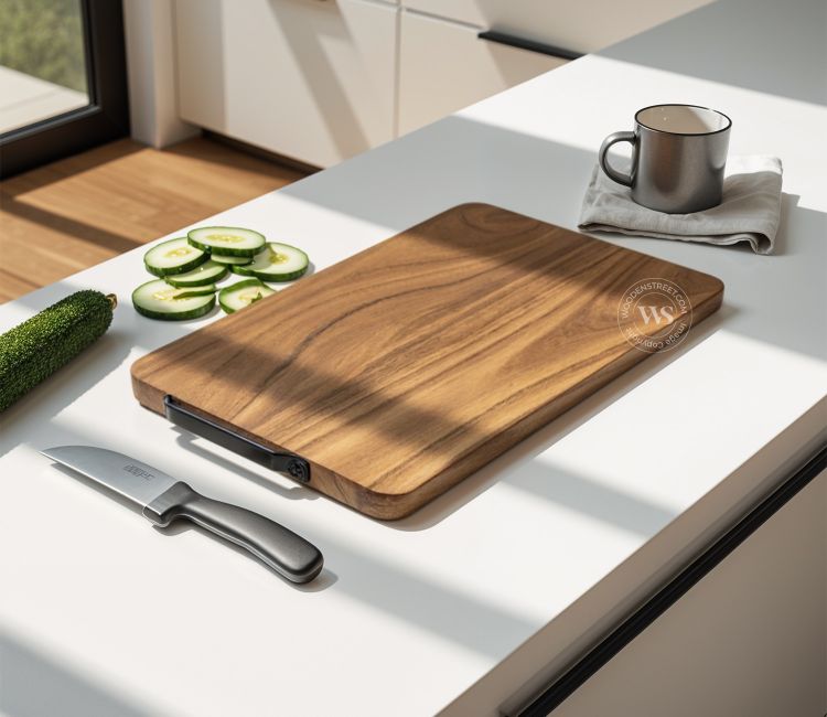 Turf Acacia Wood Handcrafted Non Slip Chopping Board With Metal Handle For Kitchen