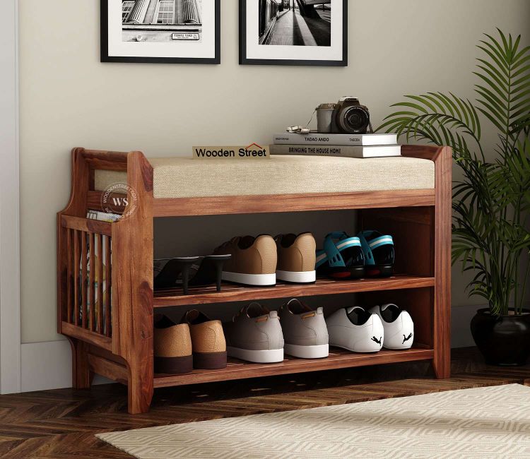 Space Saving Shoe Rack Design - Emrys Shoe Rack with Seat and Drawer Storage (Exotic Teak Finish) | Buy Entrance Shoe Rack Online
