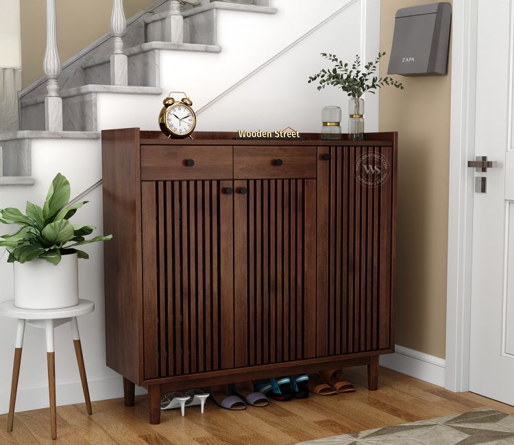 Gaitor Mango Wood Shoe Cabinet with Drawers &amp; Slatted Doors (Mango Wood, Teak Finish)
