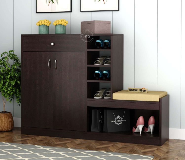 Shoe Rack Design Francisca Multi-Storage Shoe Rack with Seating and Drawer in Flowery Wenge Finish