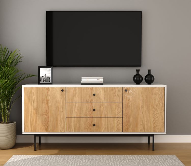 Biscove Modern Cabinet with Designer Textured Surface &amp; Metal Base (Engineered Wood, Santana Pattern)