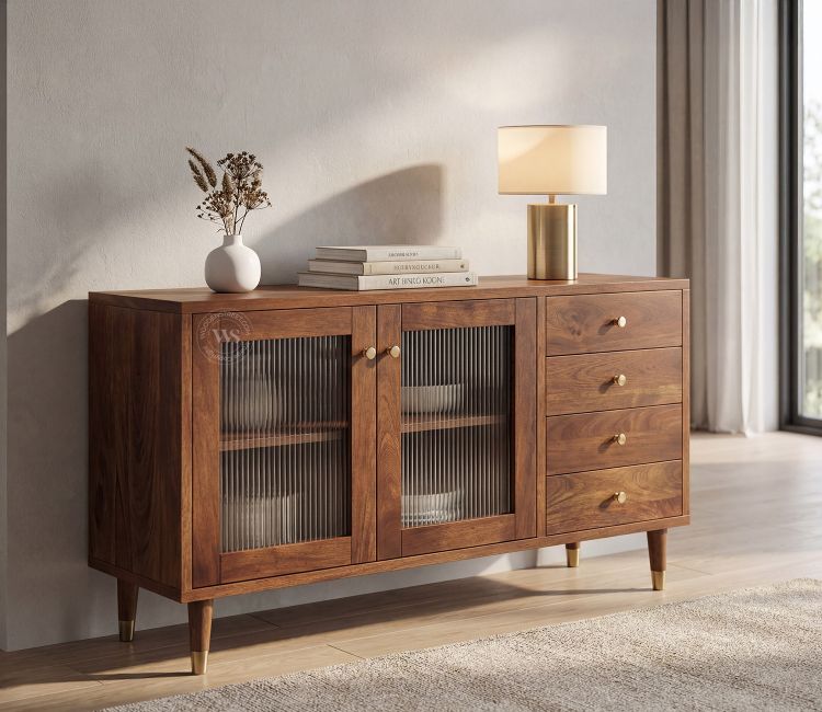 Briska Mango Wood Cabinet with Fluted Glass &amp; Drawer Storage (Teak Finish)