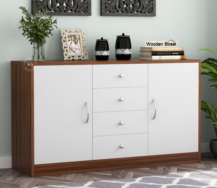 Buy Sideboards and Cabinet Online | Gavin Premium Engineered Wood Cabinet and Sideboard with Frosty White Drawer (Exotic Teak Finish)