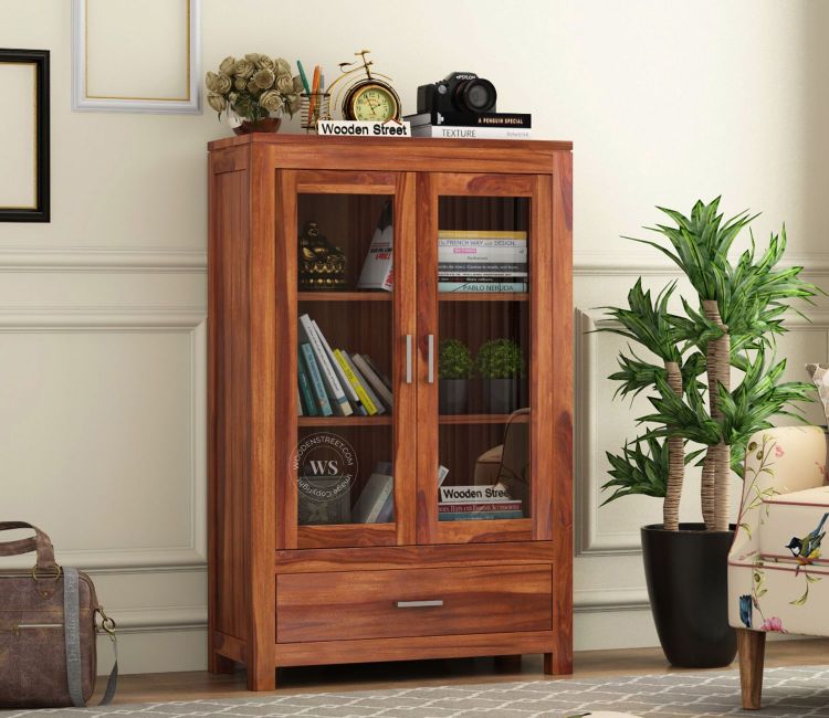 Heimo Bookshelf, glass door bookcase with 2 door and 2 drawers