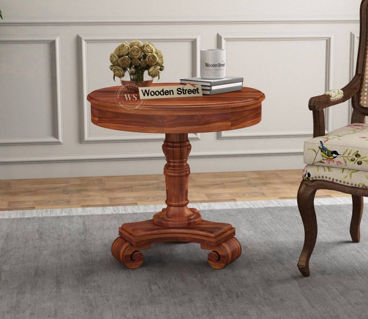 Honey finish wooden round side table - ideal corner table for living room
