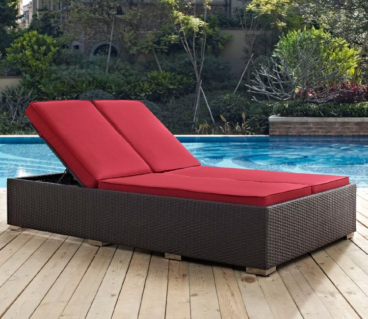 Dark Brown Big Patio Lounger with Red Cushions | Comfortable Outdoor Pool Bed at Best Price from Wooden Street
