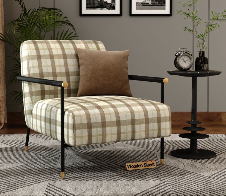 Valentina Metal Lounge Chair (Cream Checkered, Black Finish)