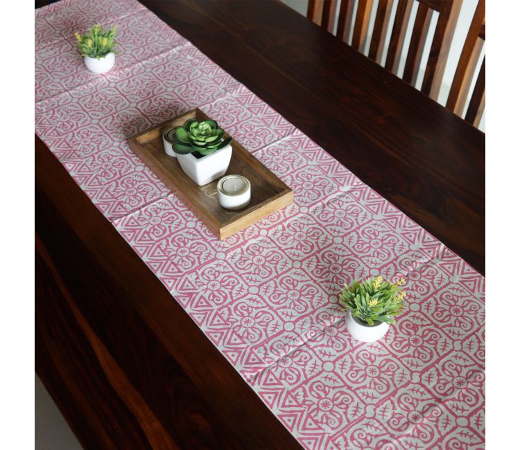 Vivid Garden Pink and White Hand Block Print Table Runner - 16 x 50