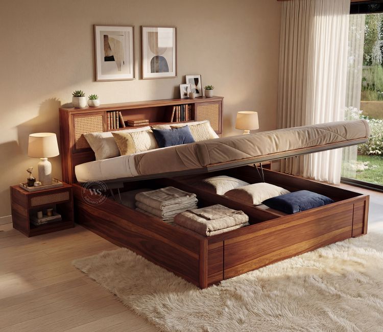 Ferguson Sheesham Wood Bed with Hydraulic Storage and Cane Detailing (King Size, Teak Finish)