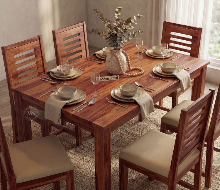 Buy Rectangle Sheesham Wood 6 Seater Dining Set with Cushioned Chair in Honey Finish - Wooden Street
