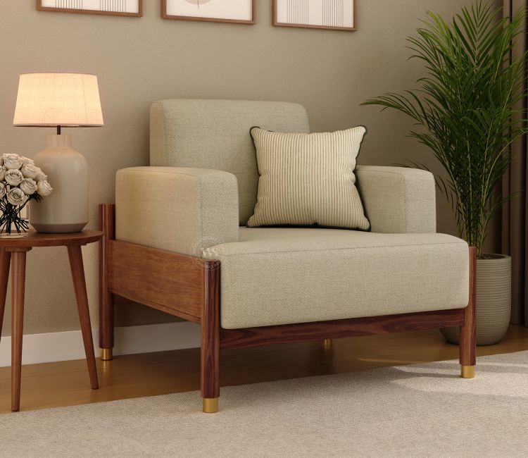 Kairav Modern 1 Seater Wooden Sofa with Premium Upholstery (Cottage Ivory)