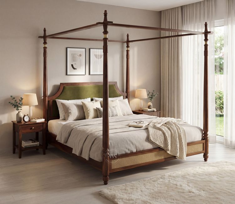 Samrat Sheesham Wood and Cane Upholstered Poster Bed Without Storage (King Size, Dark Olive Green)