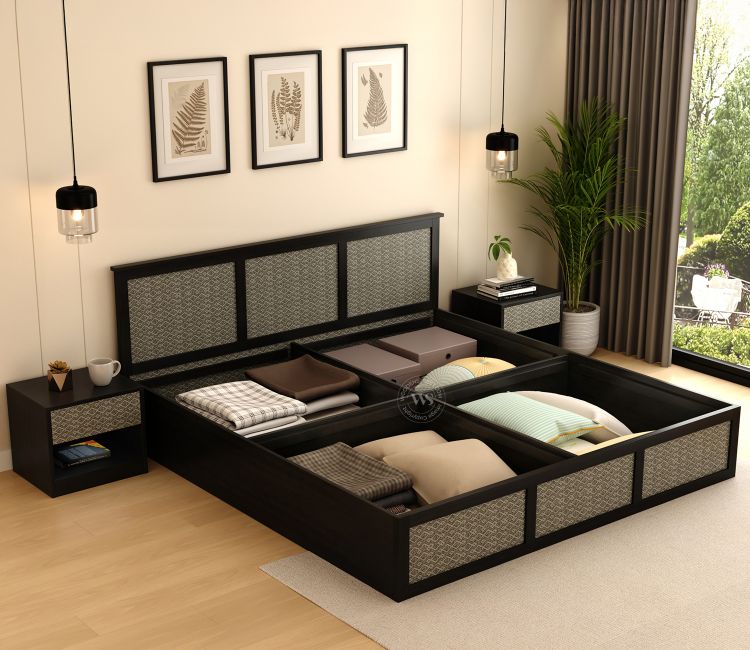 Orren Engineered Wood Bed with Laminated Textured Headboard &amp; Footboard with Box Storage (Queen Size, Trellis Pattern)