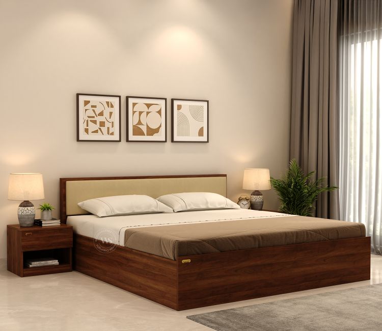 Clemency Bed with Cushioned Headboard Box Storage (King Size, Columbian Walnut Finish)