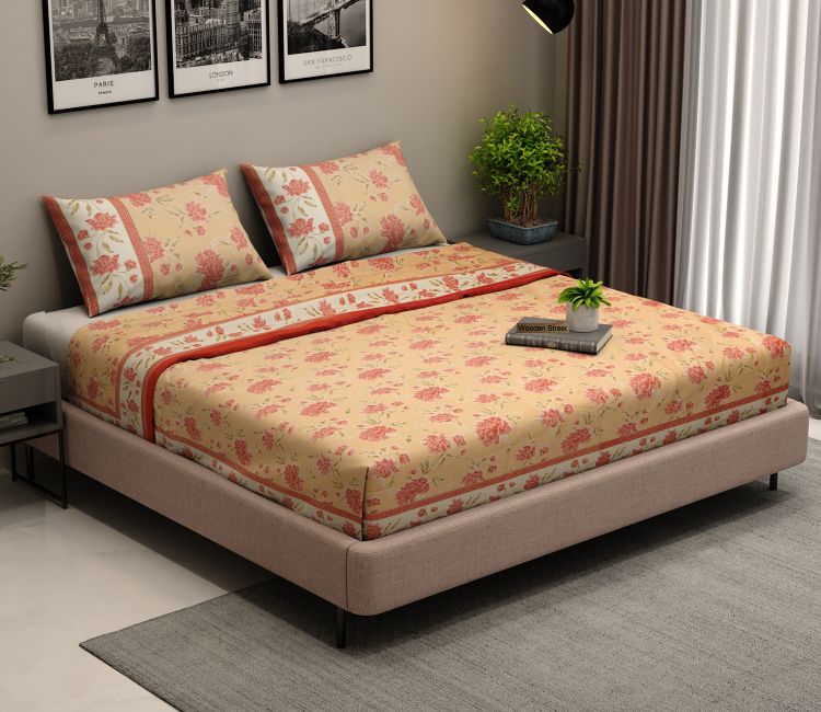 Peach floral cotton bedsheet for double bed with pillow covers | Buy bedsheets online | Wooden Street